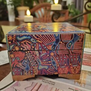 Novica Huichol Theme Decoupage on Pinewood Jewelry Box Storage Box
